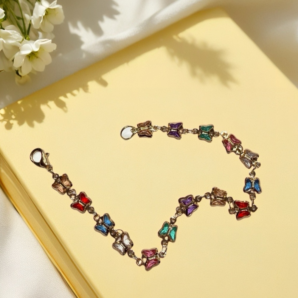 Hand Crafted Multicolor Butterfly Link Bracelet with Gold Accents